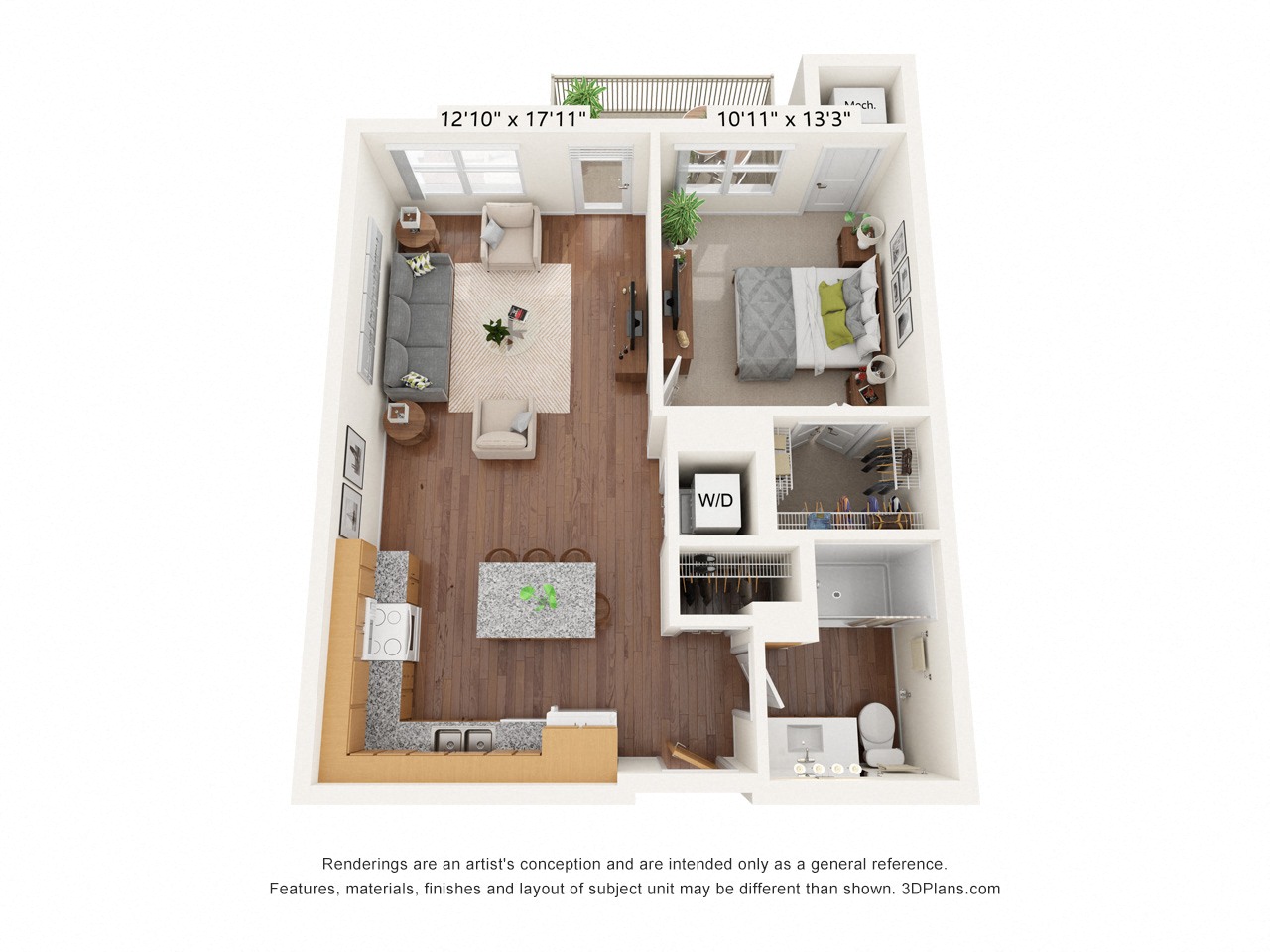 Floor plan for 1 bed, 1 bath, 663 sqft